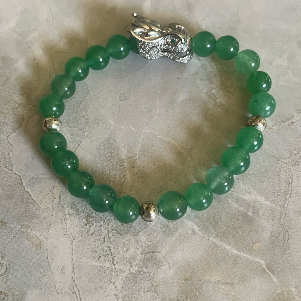 Green Aventurine Beaded Bracelet with Silver Dragon Accents